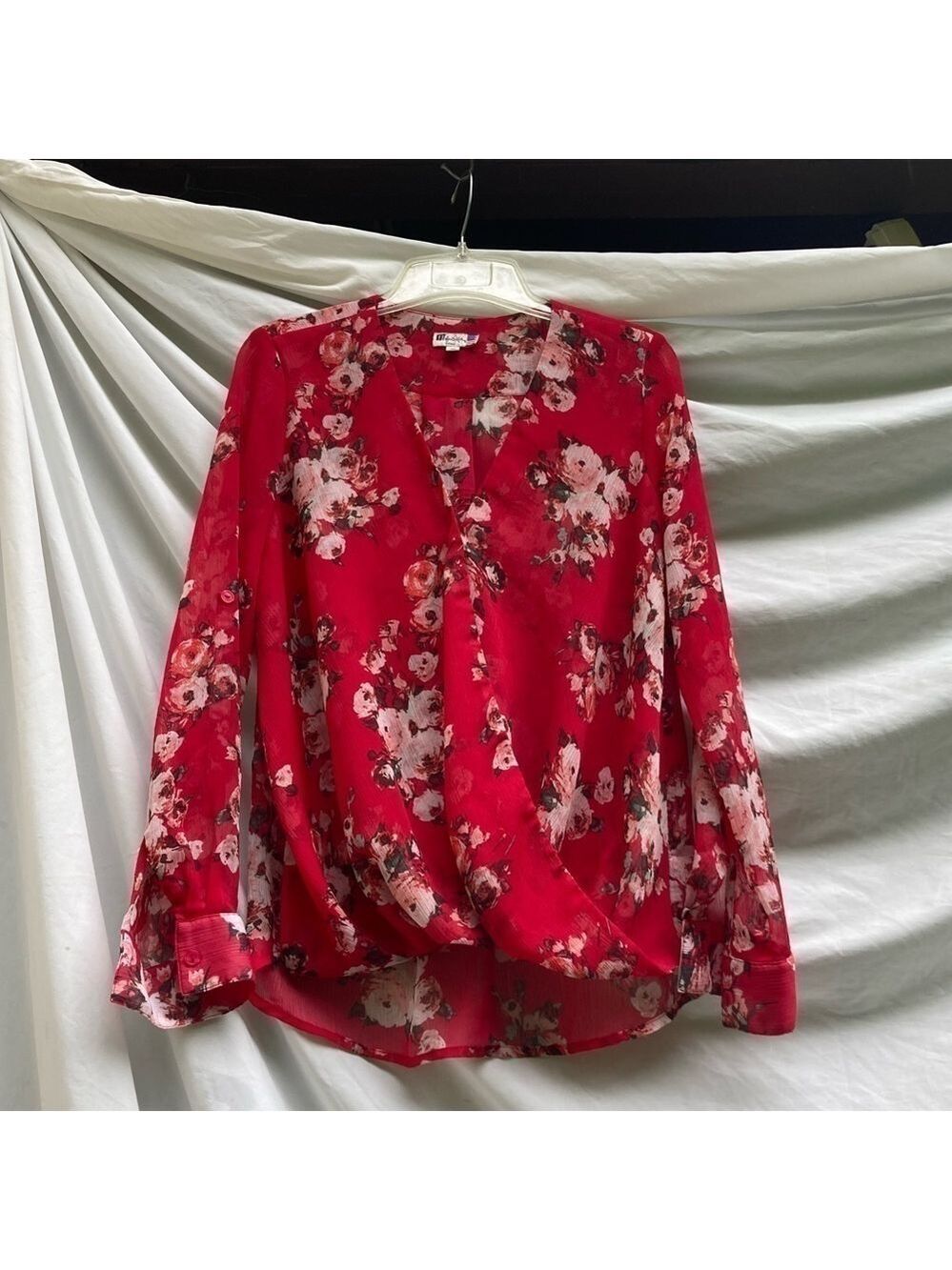 KUT from the Kloth red floral sheer long sleeve blouse, size small